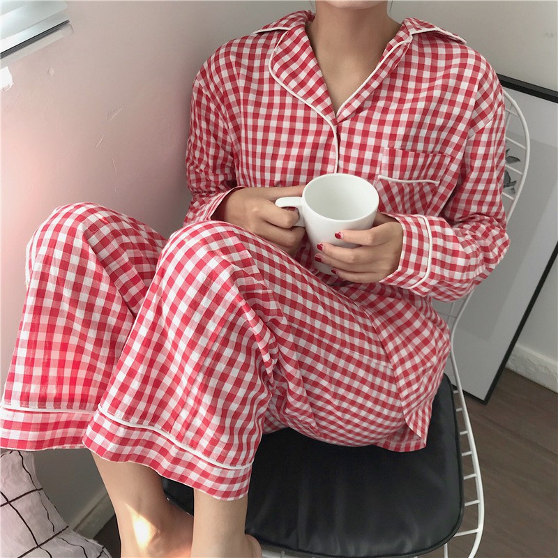 Baju Tidur Wanita Dewasa Piyama Import Pajamas Lengan Panjang Celana Panjang Kemeja PP Seri Kotak