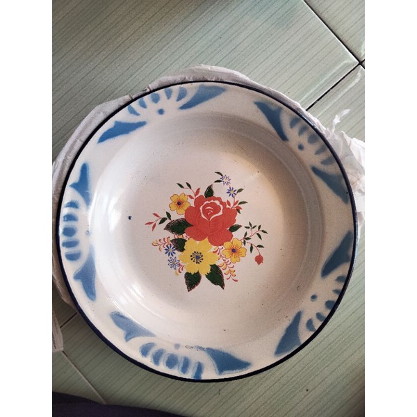 Cod - 1 Lusin piring seng enamel motif bunga diameter 22 cm / piring jadul / piring makan / piring a