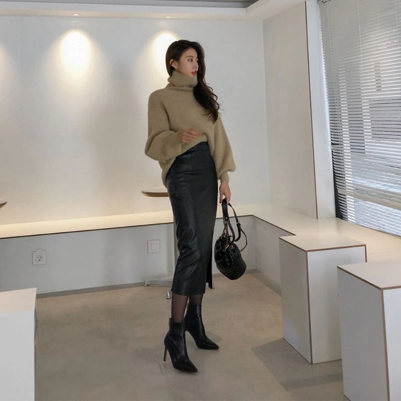 Rok Span Kulit Pensil Hitam Panjang Musim Gugur Wanita