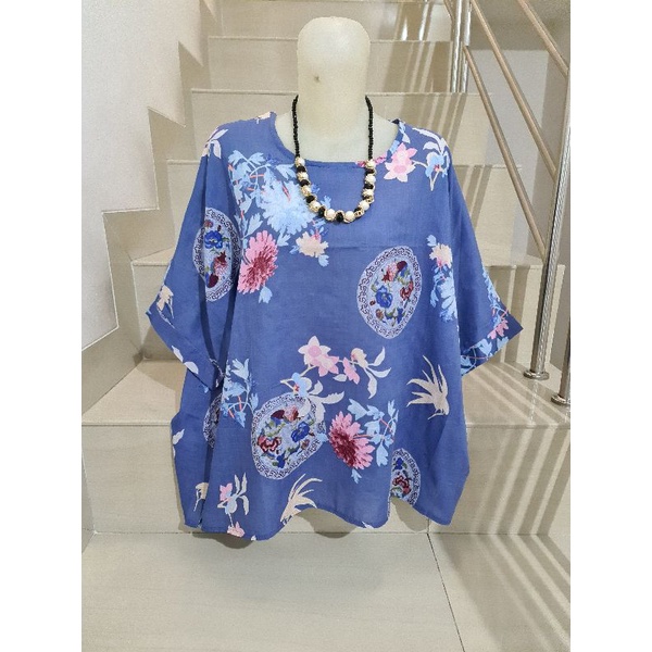 Blouse Brukat dan Kaos Bunga Import Jumbo XL-5XL-Biru Bulat - 5XL