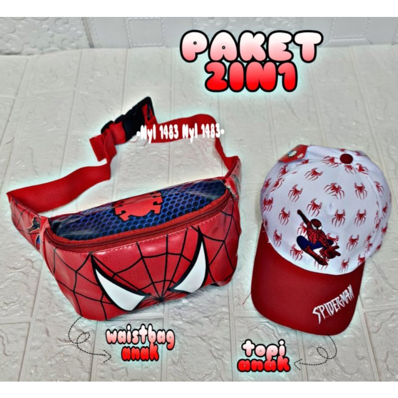 ( COD )Paket 2in1 Tas waistbag anak Karakter Boboiboy &amp; superhero + topi baseball anak