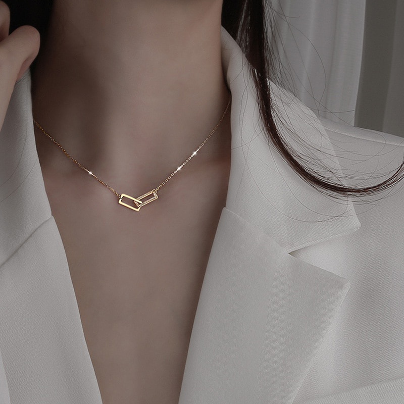 Kalung Rantai Clavicle Asimetris Dengan Gesper Cincin Ganda Untuk Wanita