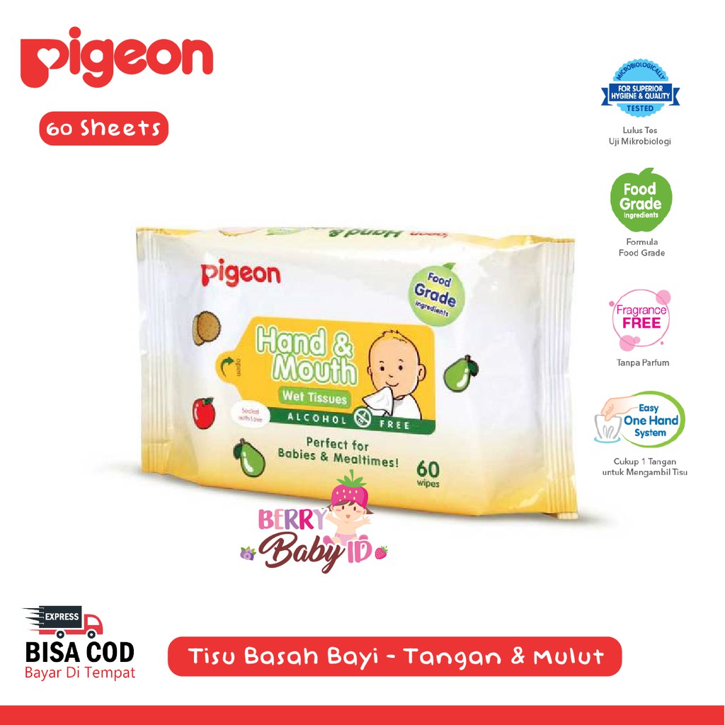 Pigeon Baby Wipes Hand &amp; Mouth Alcohol Free Tisu Basah Bayi 60 Sheet Berry Mart