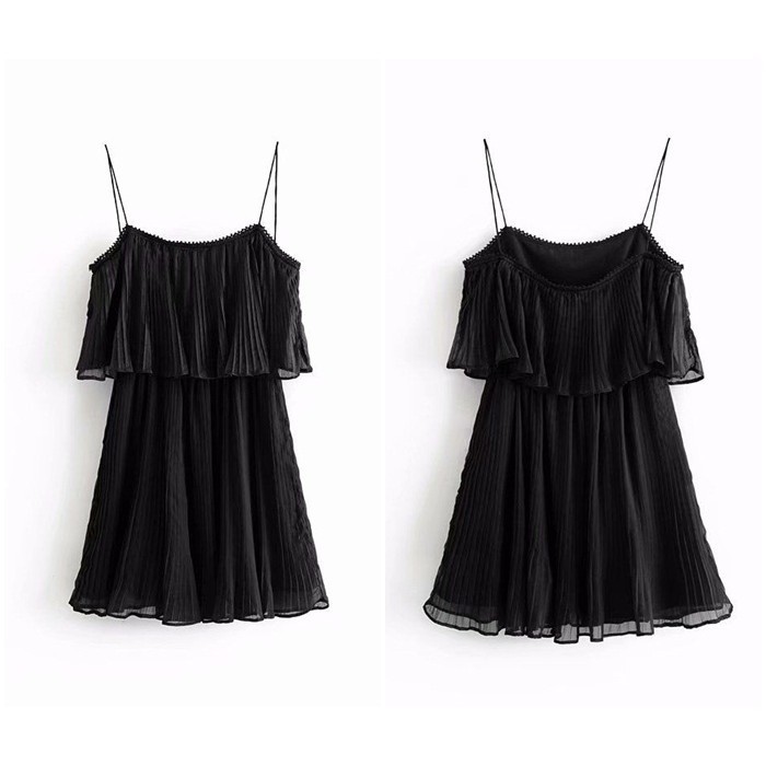 [baju wanita korea]  Casual Mini Dress Plisket Wanita Korea Import Black Hitam