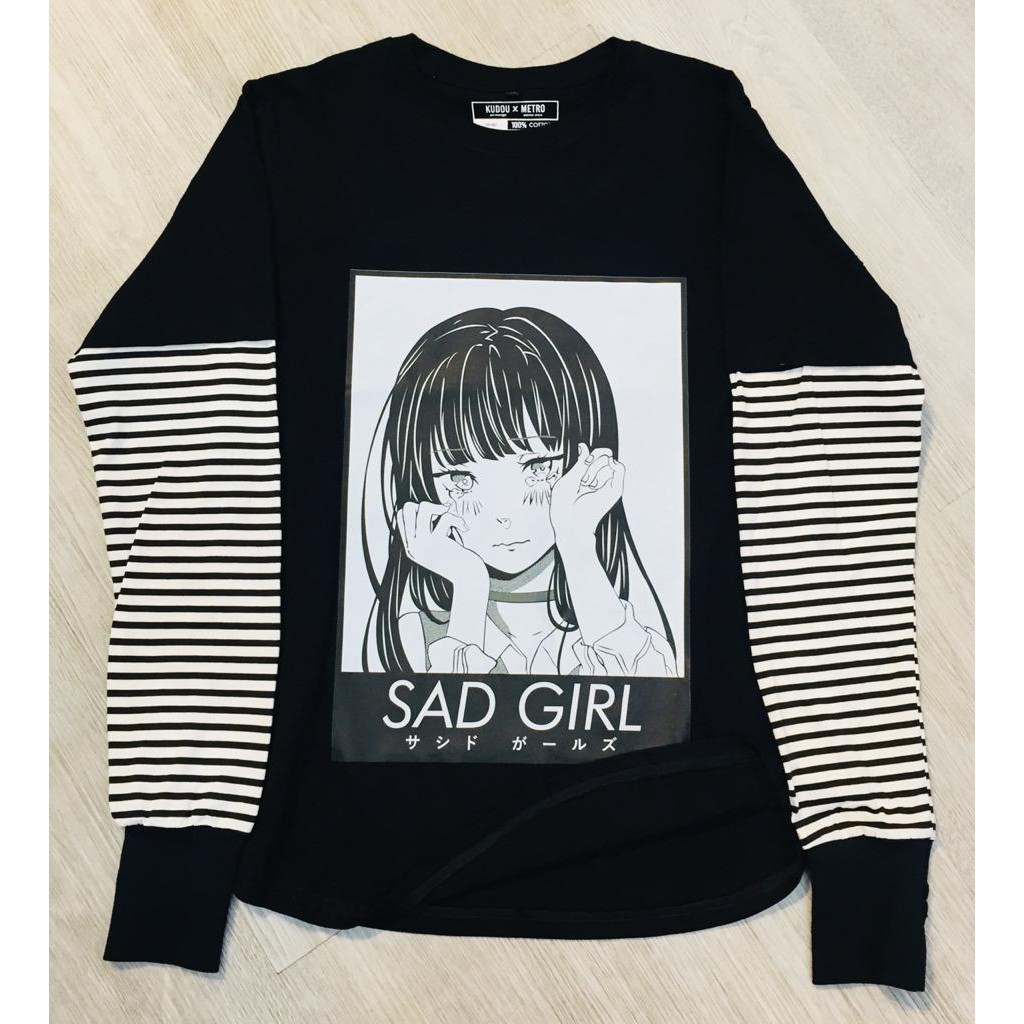 Longsleeve Double Layer Sad Girls Streetwear Oversized Black Anime Character Premium