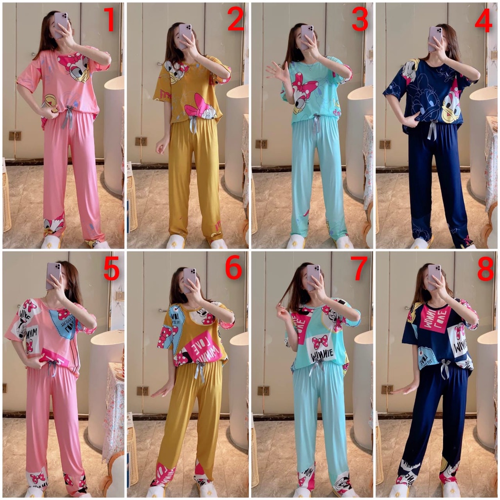 BAJU TIDUR PIYAMA PEREMPUAN CP SPANDEX OVERSIZED IMPORT BERKUALITAS MOTIF KAOS LENGAN PENDEK SETELAN CELANA PANJANG WARNA CERAH ALLSZE FIT TO 85KG