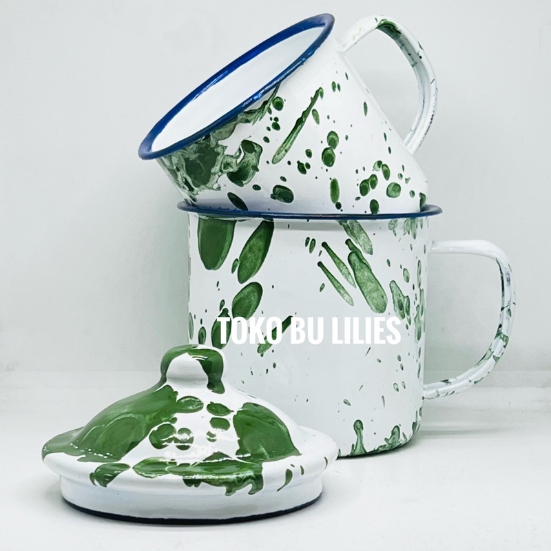 Mug Enamel motif BLIRIK (hijau putih) diameter 7CM dan 8CM (+tutup) #mug #enamel #blirik #vintage