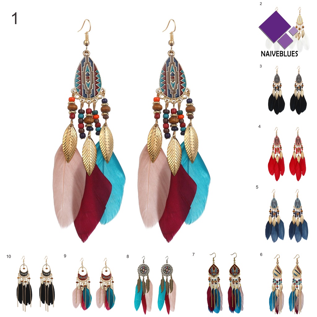 Naiveblue 1 Pasang Anting Kait Gantung Wanita Desain Bulu + Manik-Manik Warna Warni Gaya Retro / Bohemian Untuk Pesta