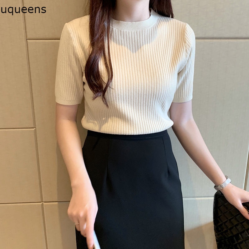 Kaos Rajutan Kasual Lengan Pendek Warna Polos Atasan Musim Panas Wanita