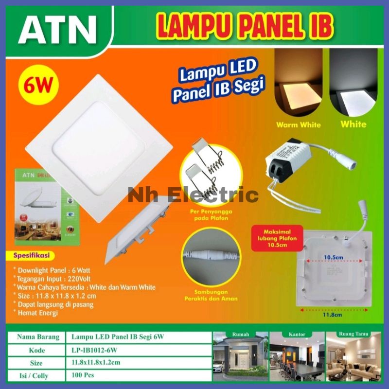 Led Panel 6W IB Kotak Putih Atn - Lampu Downlight 6 Watt Inbow Tanam Segi 4/Persegi White Tipis/Slim Atn SNI