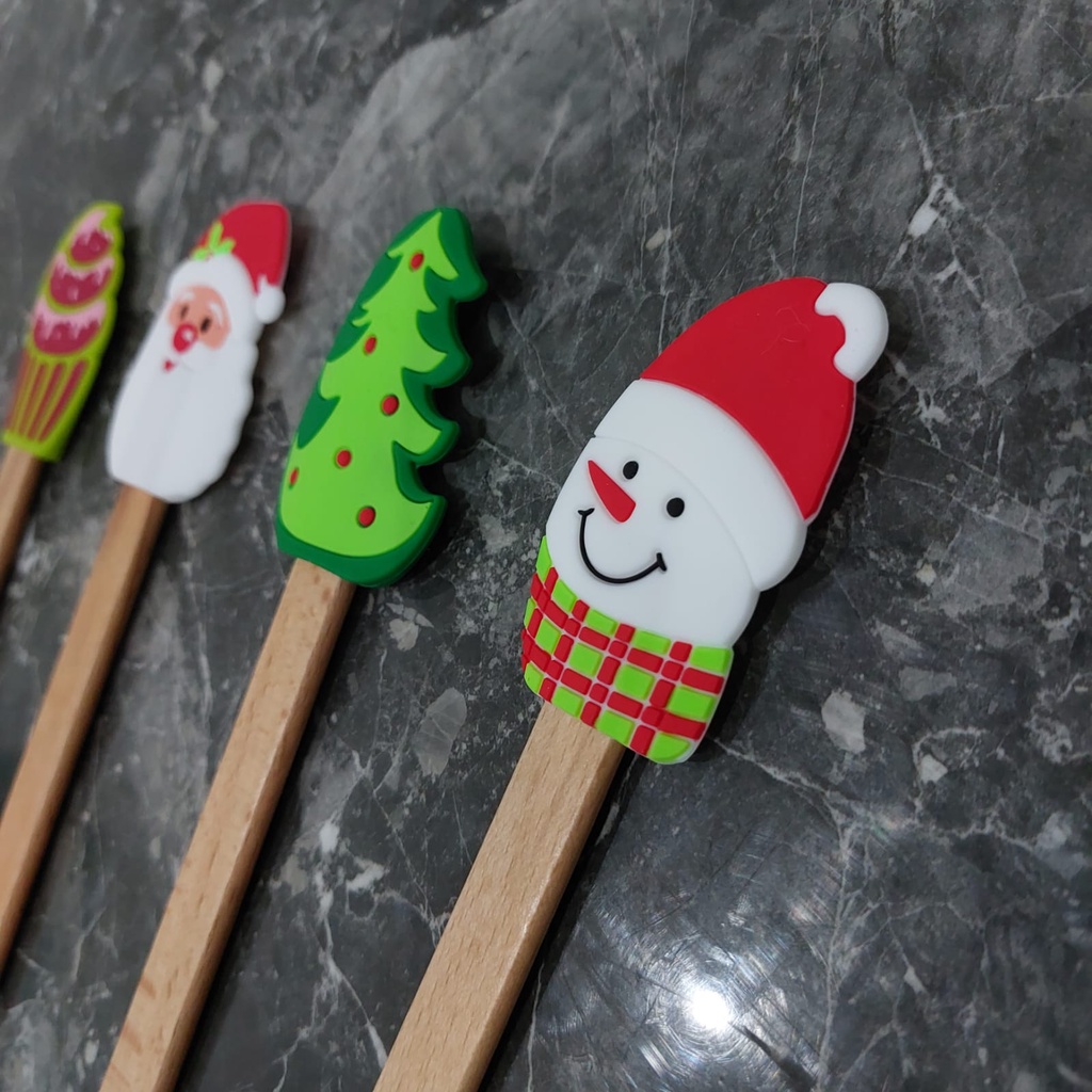 Spatula Motif Christmas Wood Handle Spatula Silikon Natal Xmas