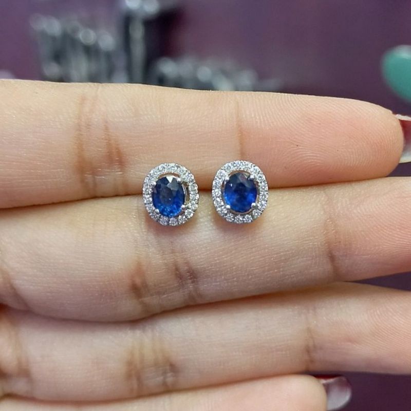 Anting Berlian Batu Blue safir Emas Putih