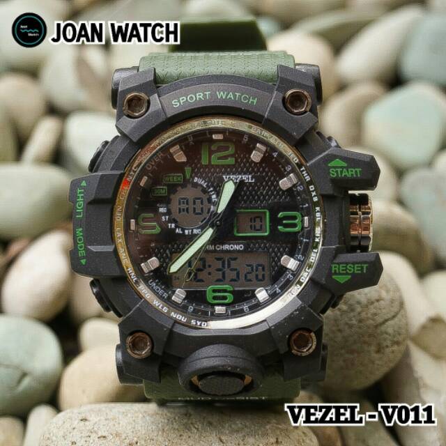 VEZEL - V011- JAM TANGAN DIGITAL ANALOG - RESIN BLACK/GREEN ARMY
