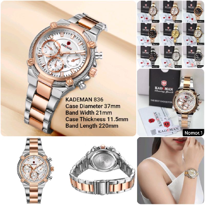 Jam Tangan Wanita KADEMAN 836  Chronograph 37mm Rantai Stainless Steel