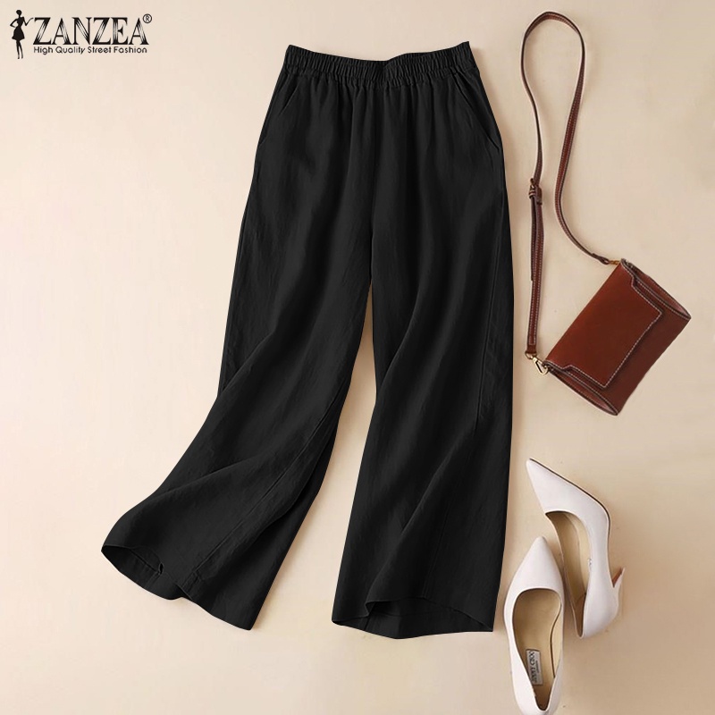 ZANZEA Women Elastic Waist Wide Leg Straight Long Pants Plus Size Pants