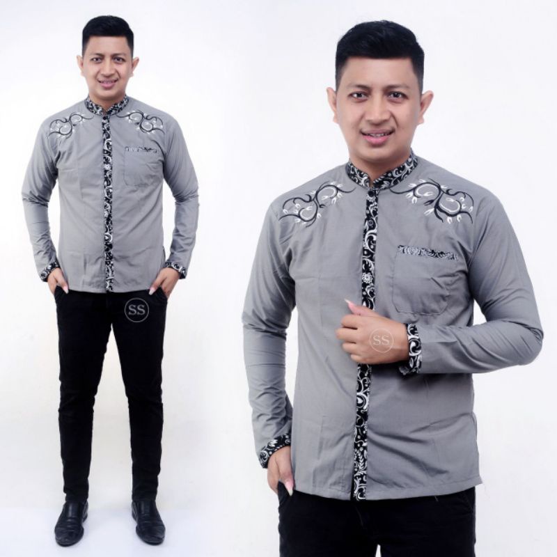 Baju Batik Pria Kombinasi Polos koko