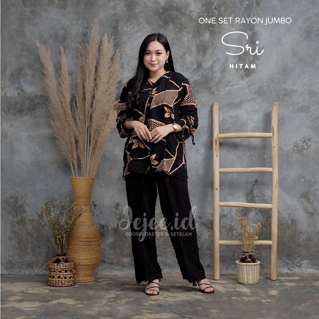 SETELAN RAYON JUMBO LD 120 CM BIG SIZE SUNDARI SET PIYAMA TIE DYE LENGAN PANJANG KANCING-SRI-HITAM