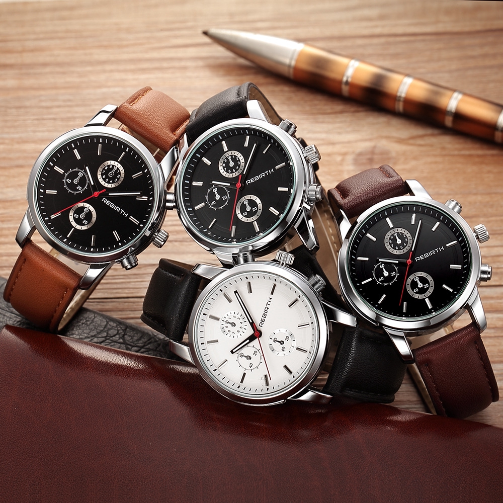 REBIRTH three small plate decoration men's quartz belt watch