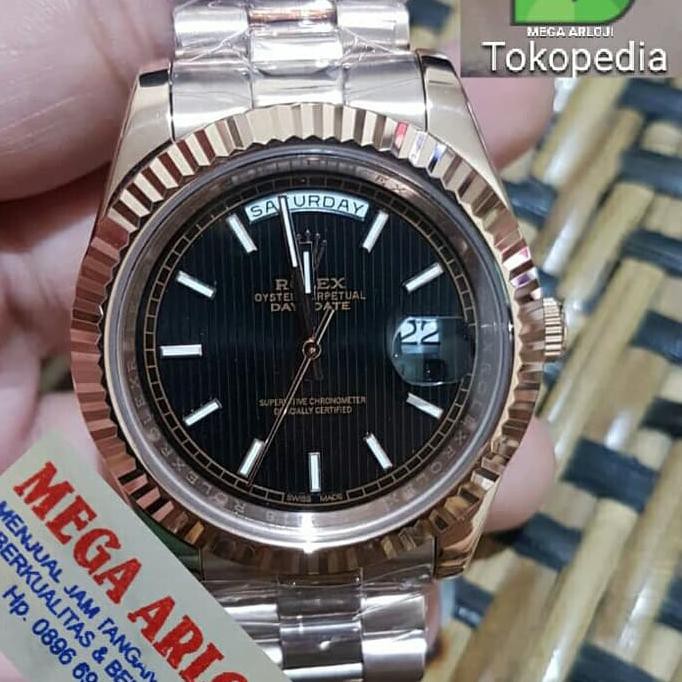 JAM TANGAN COWOK ROLEX DAY-DATE ROSEGOLD BLACK SUPER PREMIUM AAA