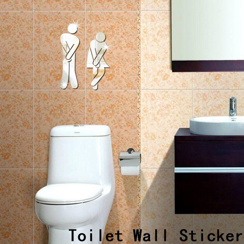 Populer 2PCS /Set Permukaan Cermin Decal 3D DIY WC Dekorasi Pintu Kamar Mandi Dinding Art Washroom Sign Poster