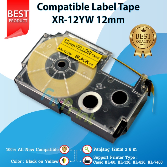 

Compatible Label Tape Casette XR-12YW1 XR-12 Black On Yellow 12mm, Printer CaSio KL-60 KL-120 KL-820 KL-7400