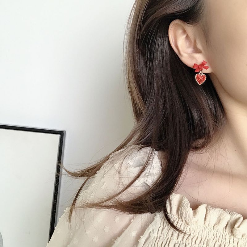 FerenHongXia Anting Pita S925 Perak Jarum Korea Temperamen Anting Sederhana Ungu Busur Anting Hati Kecil