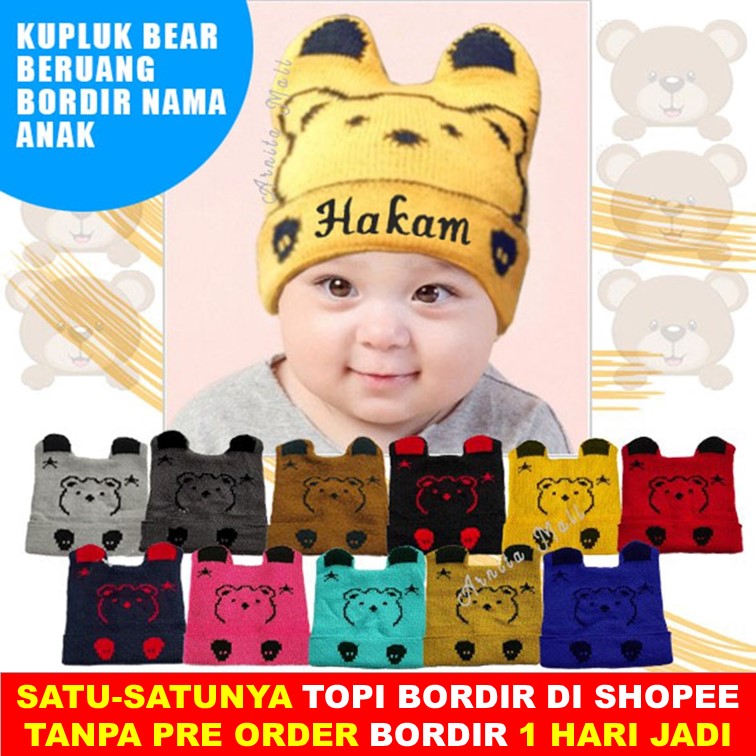 Kupluk Bayi Karakter Bear Rajut Motif Beruang Bordir Nama Anak