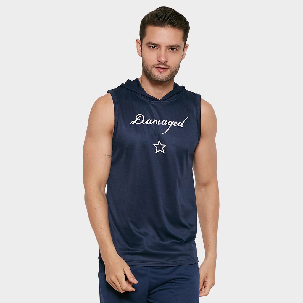 DONSON Hoodie Singlet Sleeveless Tank Top Damaged Navy DONSON Hoodie Singlet Sleeveless Tank Top Damaged Navy