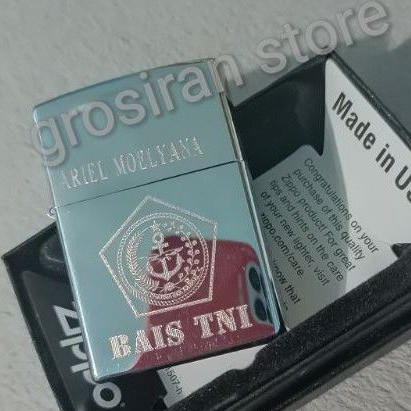 zippo BAIS TNI silver chrome custom logo ukir grafir nama kado korek