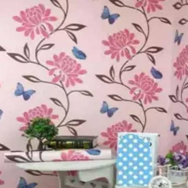 WALLPAPER STIKER DINDING MOTIF.KUPU2 TANGKAI PINK