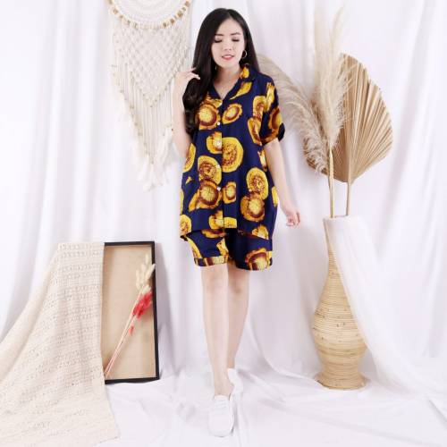Setelan Piyama Wanita Pendek Motif Tie Dye One Set Rayon Baju Tidur Cewe DARTI HP Jumbo XXL-MARIFA NAVY