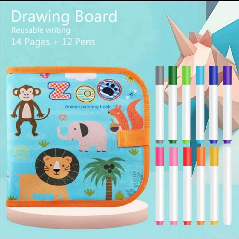 Reuseable Drawing Book / BUKU GAMBAR PORTABLE AJAIB BISA DIHAPUS 14 HALAMAN 12 PEN