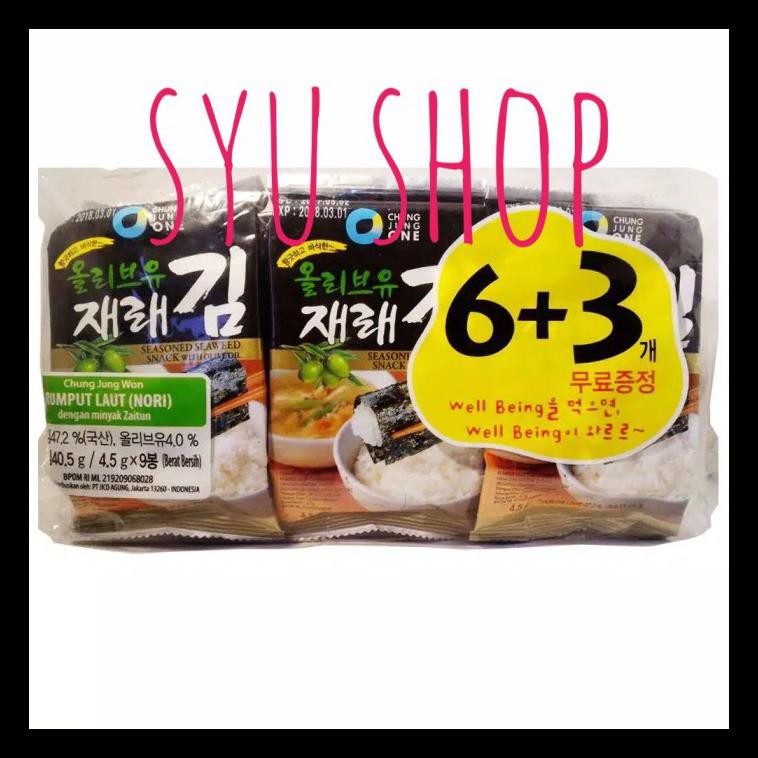 

READY! CHUNG JUNG ONE SEAWEED 6+3 RUMPUT LAUT PANGGANG KOREA NORI OLIVE OIL PALING MURAH