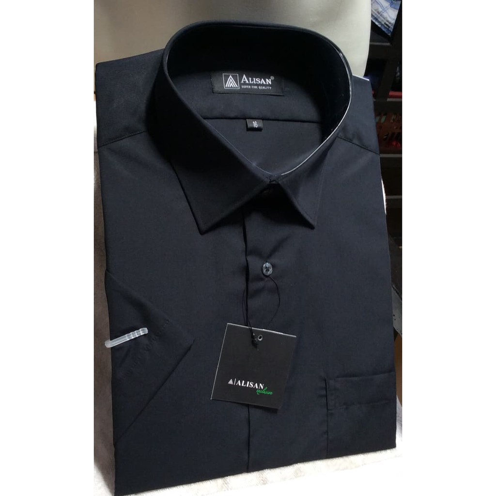 Kemeja Alisan Polos Hitam Lengan Pendek 16.5