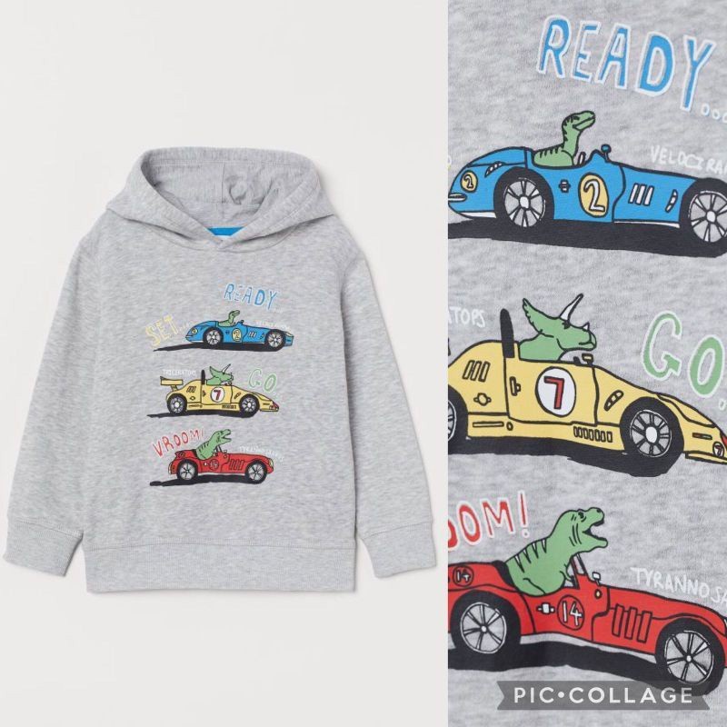 Sweater Hoodie Jaket  Anak Laki HnM Motif Dino Racing Cars Grey Size 2y 4y / Kado Baju Kaos Celana A