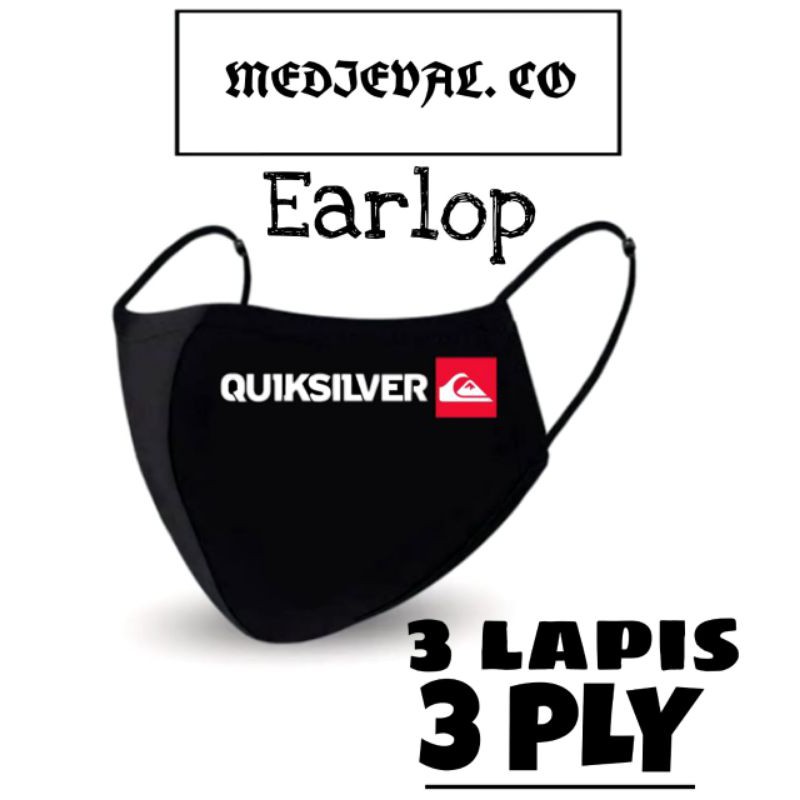 Masker QUICKSILVER - Kain 3 Lapis / MASKER HITAM 3PLY / Earloop Headloop 3 PLY PRIA Dewasa / KF94
