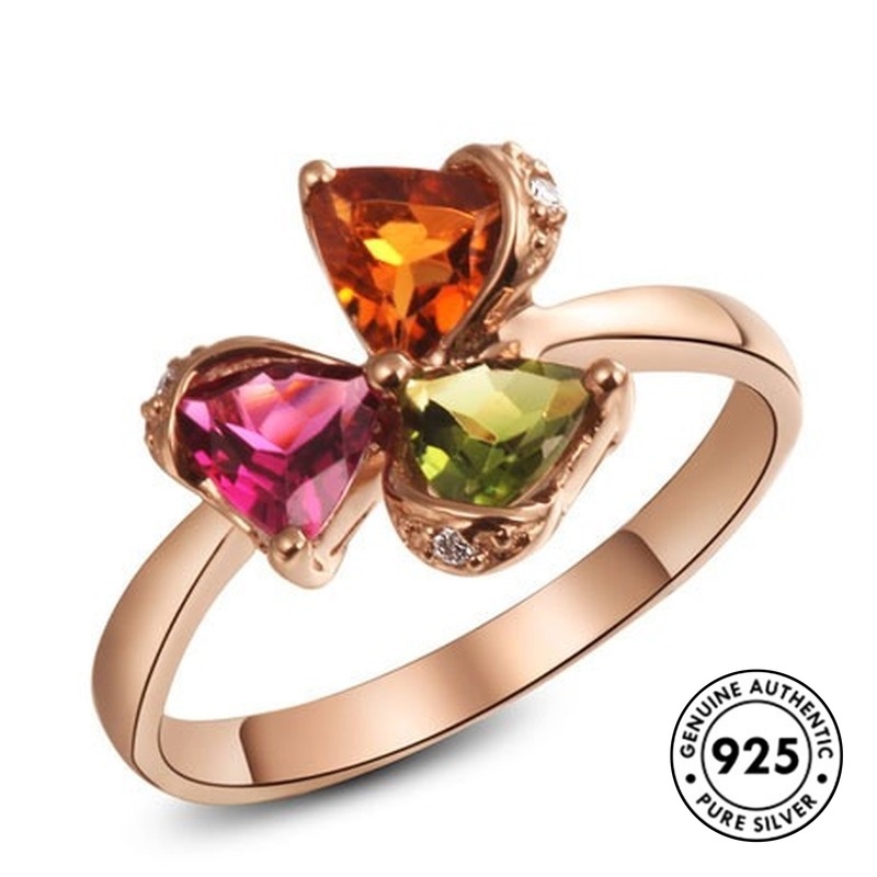 Cincin Sterling Silver 925 Model Clover Dengan Permata Warna-Warni Untuk Wanita