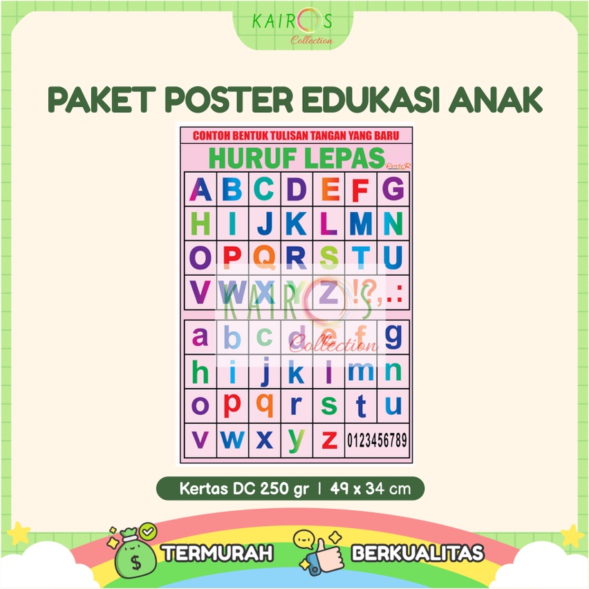 Paket 10 Pcs Poster Edukasi Anak Belajar Huruf Hijaiyah, Hewan, Buah, Transportasi, Huruf, Angka