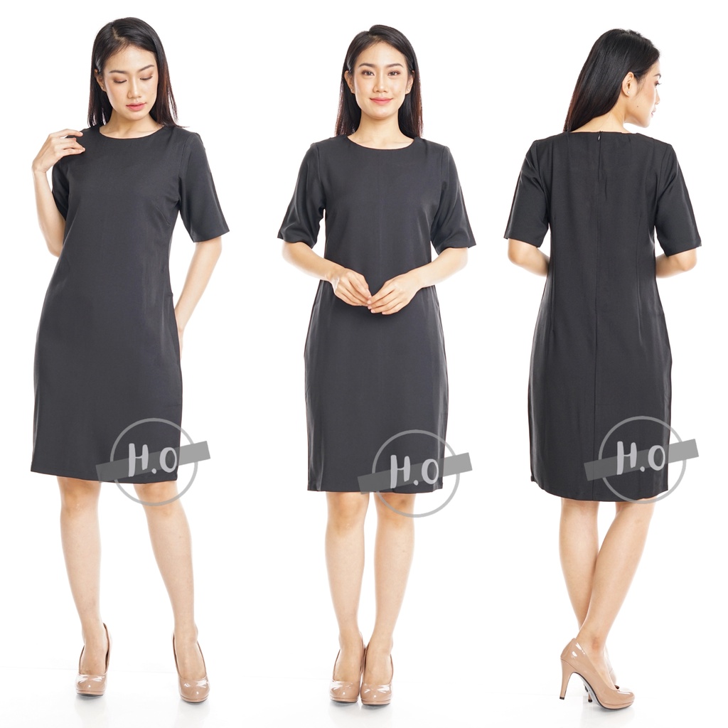 Dress Hitam Polos Formal Kerja Kantor Wanita Murah High Premium Quality K03 Midi Dress Kerja Wanita 