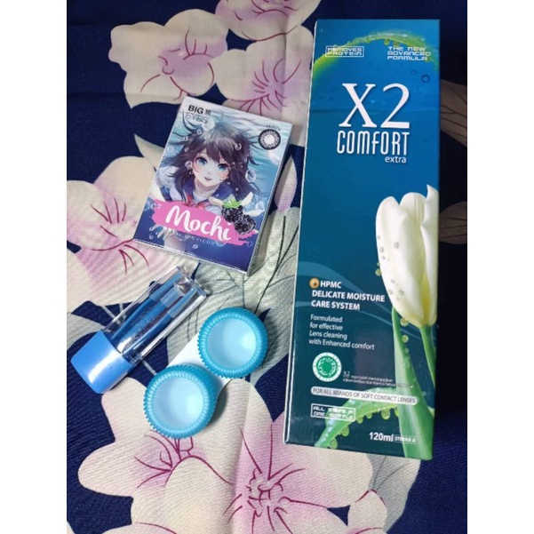 Paket Softlens Mochi by X2 Normal Big Eyes Dia 16mm + Air Softlens X2 120ml + Pinset + Lenscase