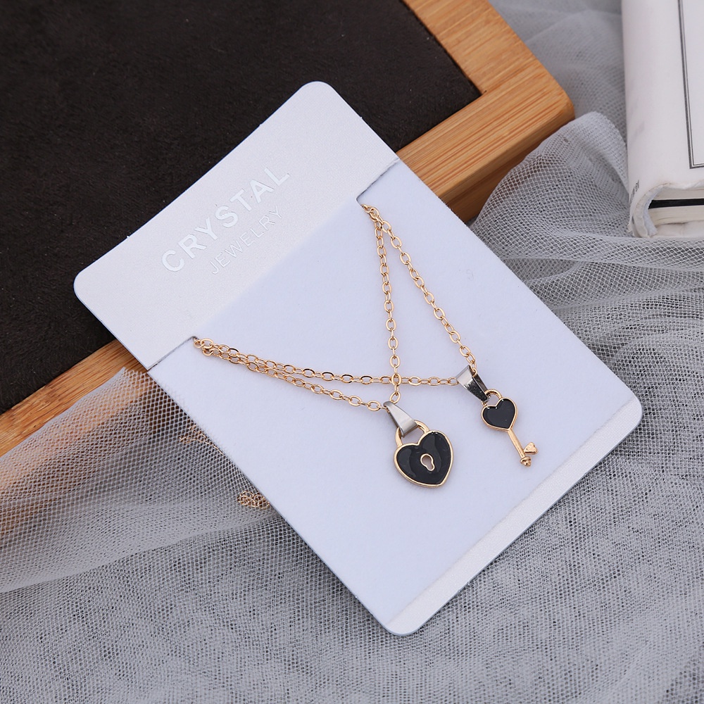 2 Pcs Pernyataan Fashion Pasangan Kalung Perhiasan Hadiah Ulang Tahun Anniversary Link Rantai Kreatif Kunci Lock Liontin Kekasih Hati Multicolor Romantis