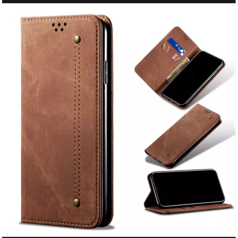 OPPO RRNO 5F 2021 FLIP SOFT CASE COVER CASING KULIT LEATHER JEANS DENIM STAND DOMPET KARTU MAGNET