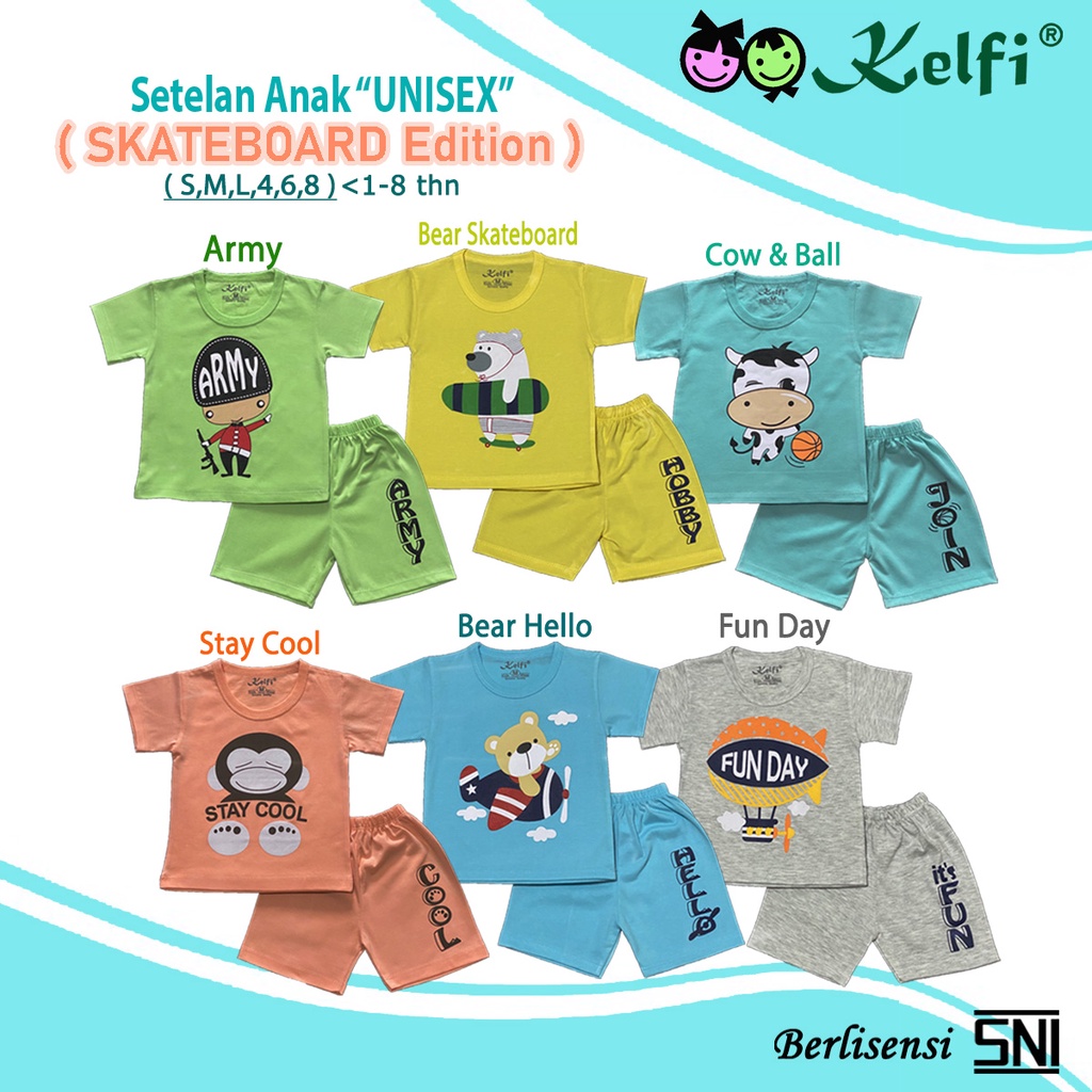 PROMO 10.10 KELFI SETELAN / SET BAJU ANAK UNISEX COWOK/CEWEK USIA 1- 8 TAHUN &quot;SKATEBOARD EDITION&quot;