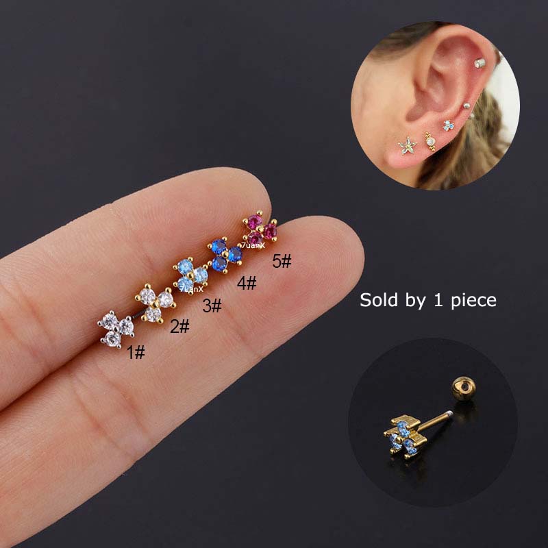 1 Pc Anting Stud Bentuk Sekrup Bahan Stainless Steel 20g Aksen Zirkon Warna-Warni