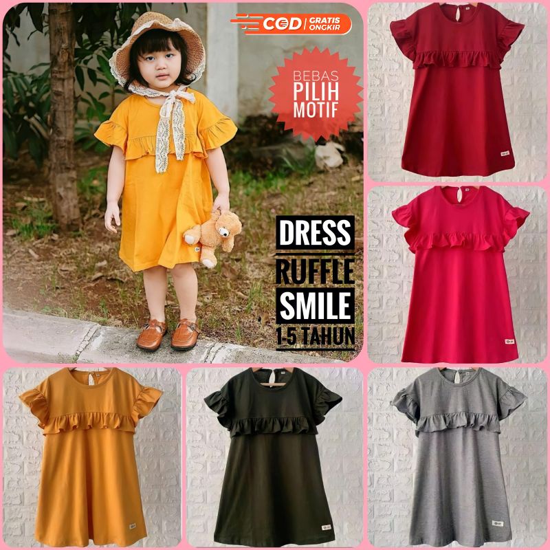 (1-5 Tahun) Baju Dress Anak Perempuan Cewek Smilee Ruffle Usia 1 2 3 4 5 Tahun