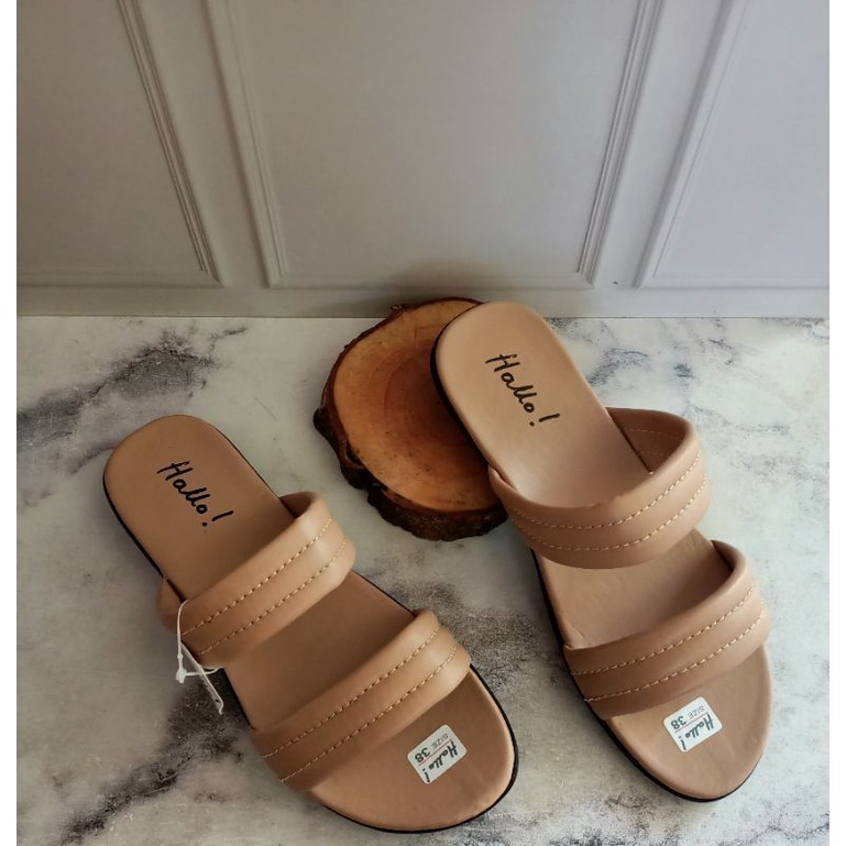 Hello Lovina Flat - Sandal Slop Wanita Puffy Empuk Slip On (Hello Strap 02)