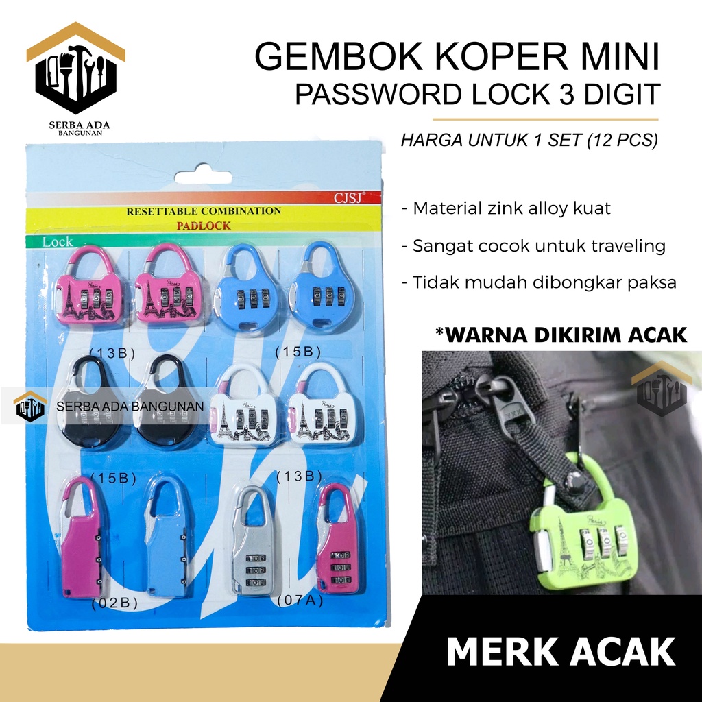 GEMBOK SWISS ZIPPER LOCK 1PACK ISI 12 GEMBOK / KUNCI KOPER KEYCHAIN GEAR ARMY LOCK (PAKAI NOMOR)