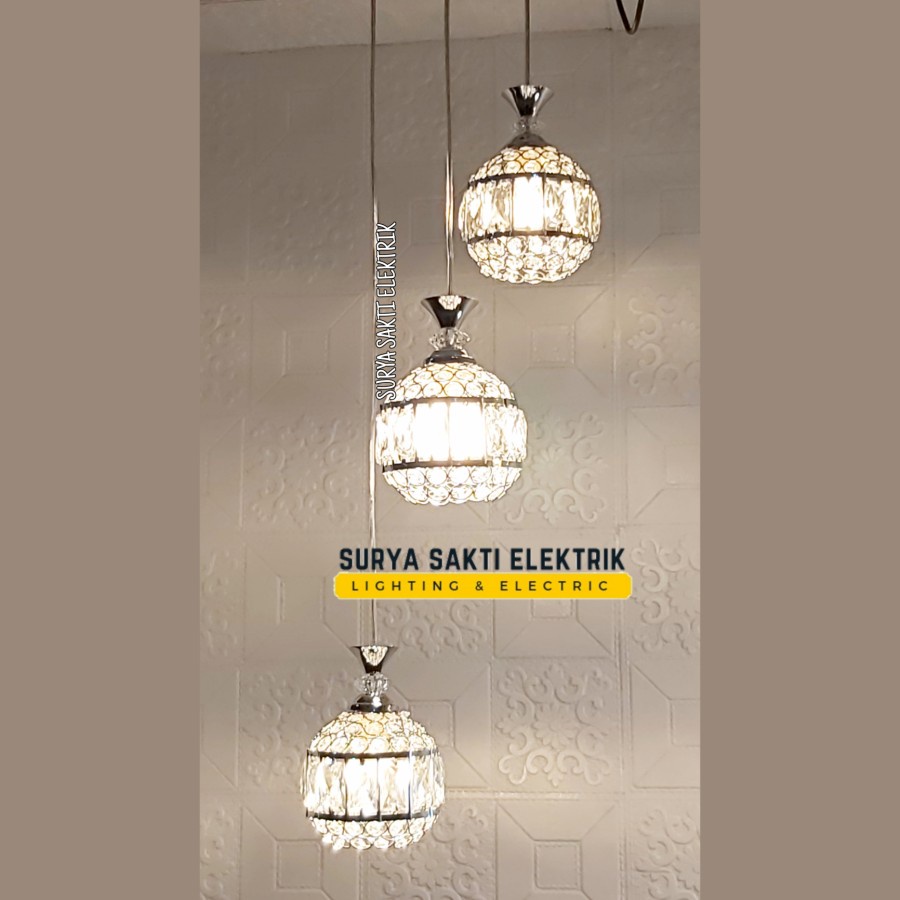 LAMPU GANTUNG KRISTAL MINIMALIS CABANG 3 in 1 SILVER HIAS RUANG TAMU MAKAN KELUARGA