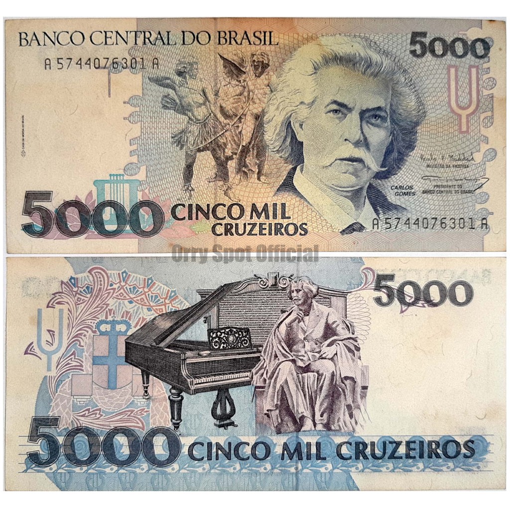 UANG LUAR KUNO ASLI BRAZIL 5000 CRUZEIRO TAHUN 1993 KONDISI EXTRA FINE