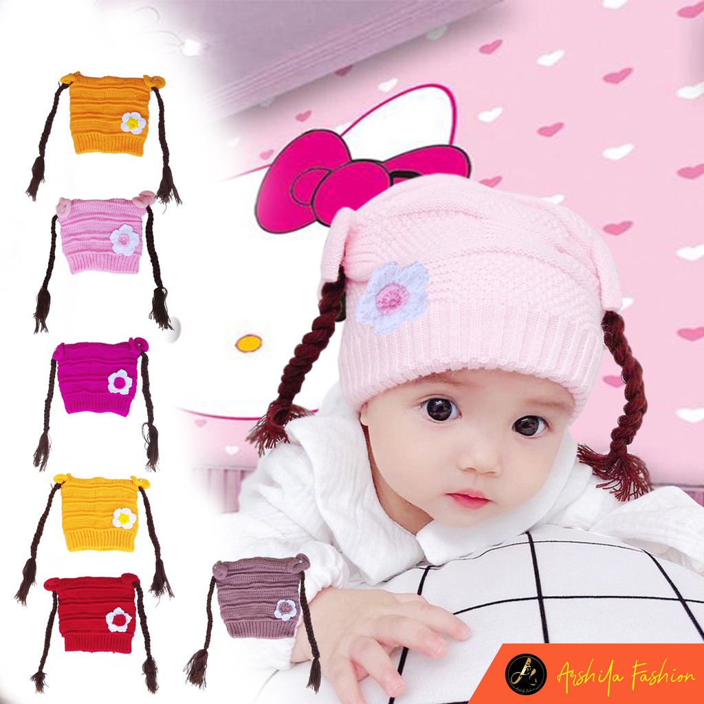 Topi Kupluk Rambut Kepang Motif Bunga / Baby Hat Wig / Topi Bayi Rambut